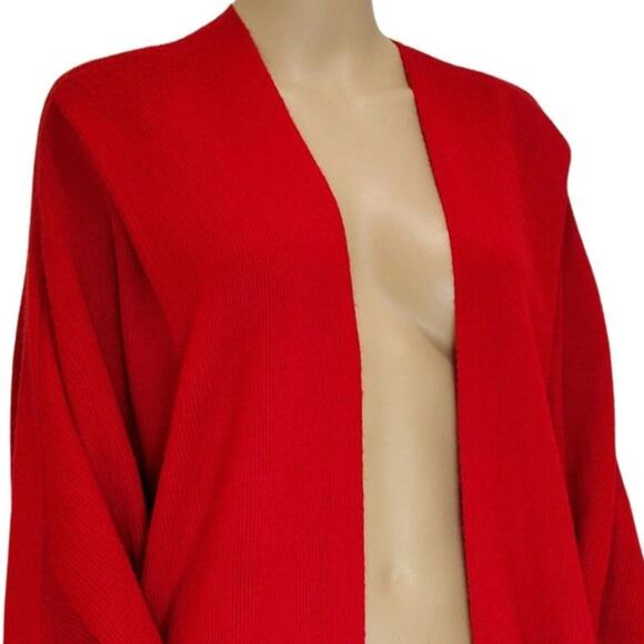 1980s Red Knit Cardigan Open Front Pleated Shoulder Round Hem Sweater One Size - Picture 5 of 9